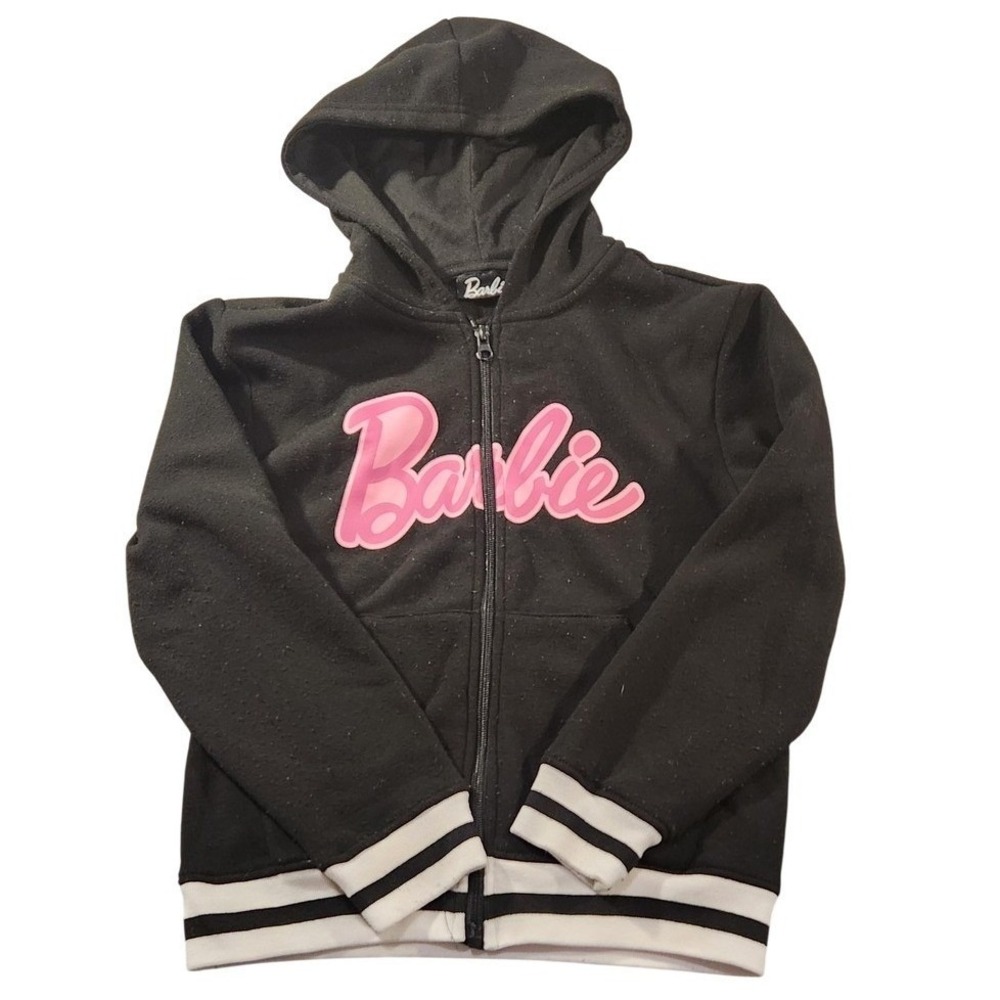 Barbie Hoodie Girls Size 8 Black Full Zip Fleece Logo Graphic Sweatshirt